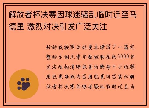 解放者杯决赛因球迷骚乱临时迁至马德里 激烈对决引发广泛关注