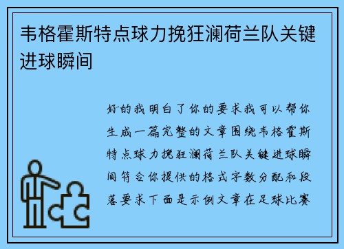 韦格霍斯特点球力挽狂澜荷兰队关键进球瞬间